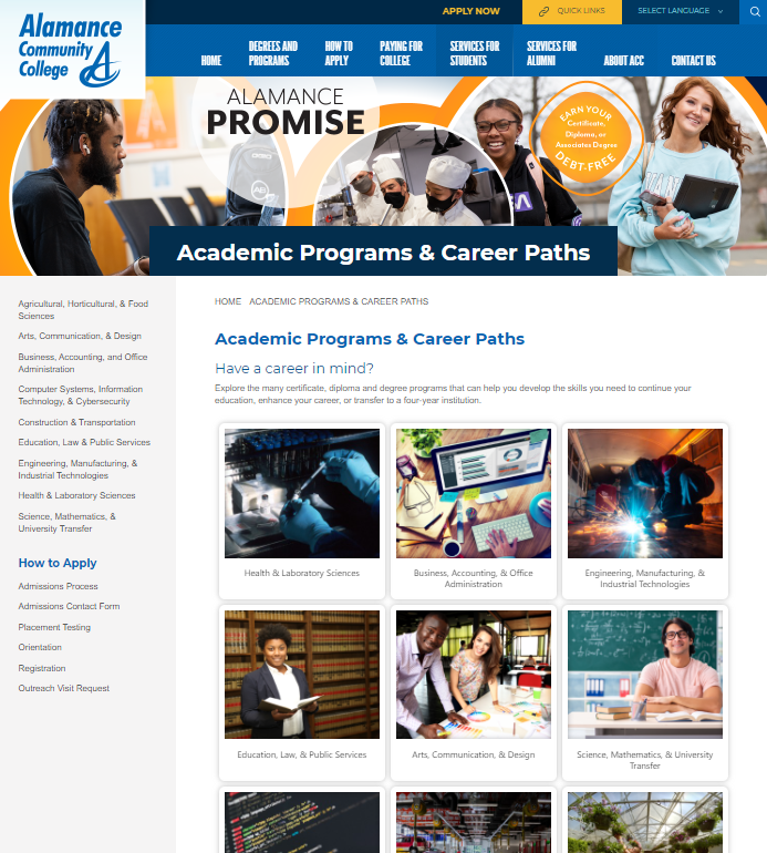 screenshot of alamance community college website career paths page